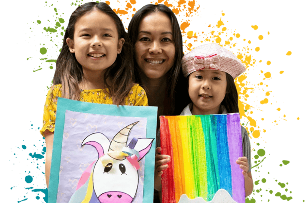 Kids showing the art work they made at Kidcreate Studio