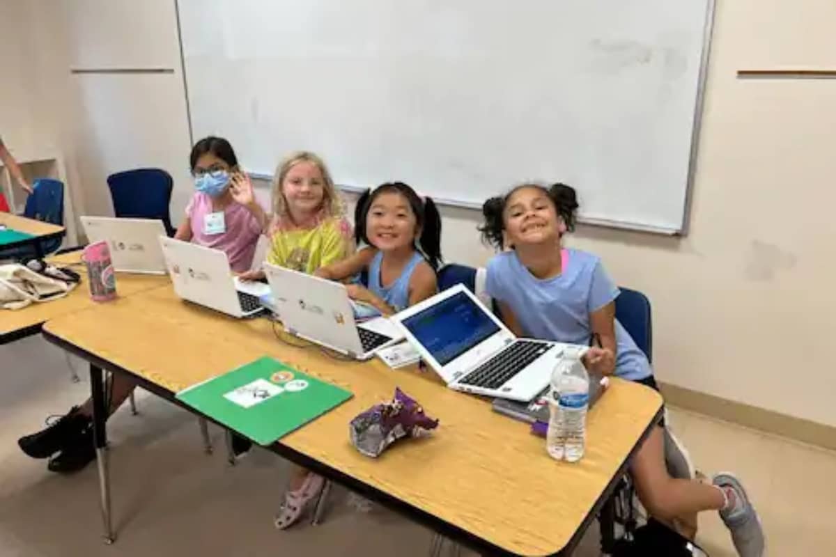 Girls coding on laptops at Panda Programmer