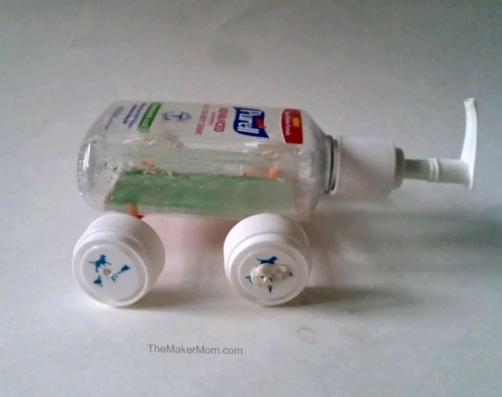 Learn how to make a DIY toy car from a plastic bottle on www.TheMakerMom.com.